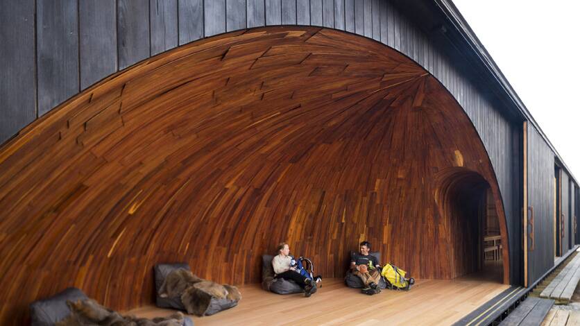 The architect-designed culturally inspired wukalina huts. Photo: Rob Burnett.