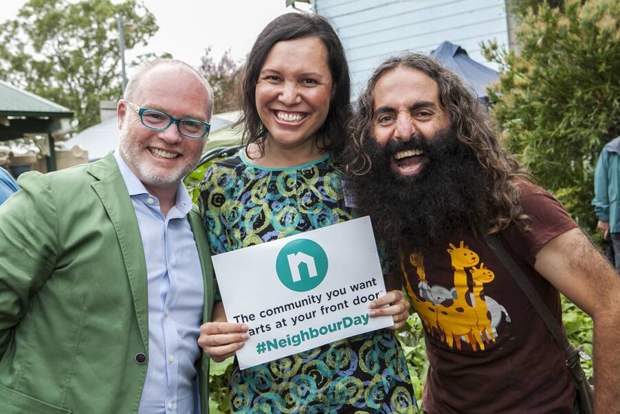 SUPPORTIVE COMMUNITIES - Neighbour Day founder Andrew Heslop and ambassadors Natalie Ahmat, from NITV and Costa Georgiadis, from Gardening Australia, know the importance of good neighbours. Photo: Julia Strang