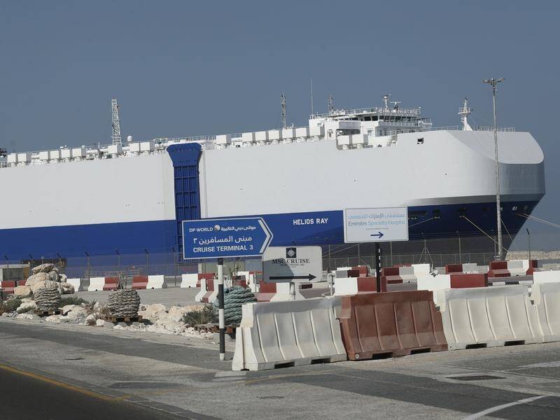 The Israeli-owned cargo ship Helios Ray has docked in port after arriving in Dubai.