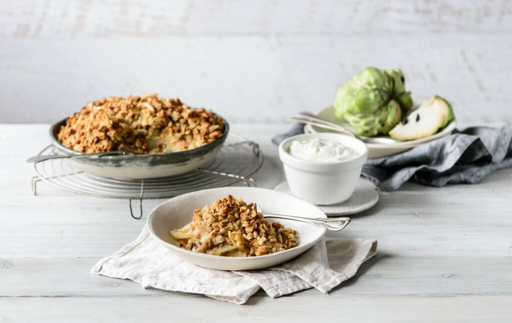 Warm up with this delicious Custard Apple & Pear Crumble.