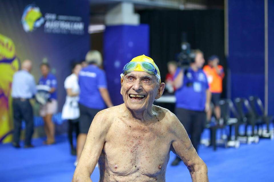 George Corones, 99, swam 50 metres freestlyle in 56.12 seconds. Photo: Facebook/ Australian Dolphins Swim Team.