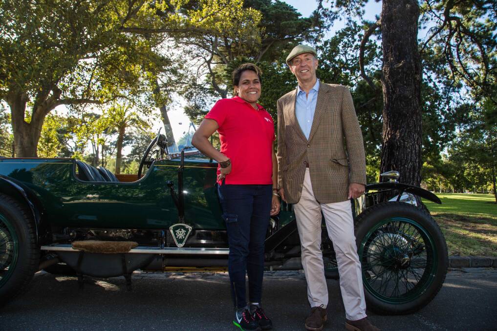 Two champions – Andrew Cannon and Cathy Freeman with the 1923 Presentation Vauxhall, which has journeyed 10,000km to raise funds and awareness for Indigenous children’s education.