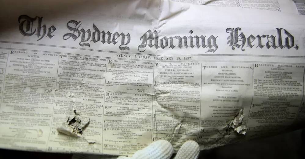 A copy of the Sydney Morning Herald from February 29, 1892 found in the Belmont House time capsule.  Photo: Geoff Jones