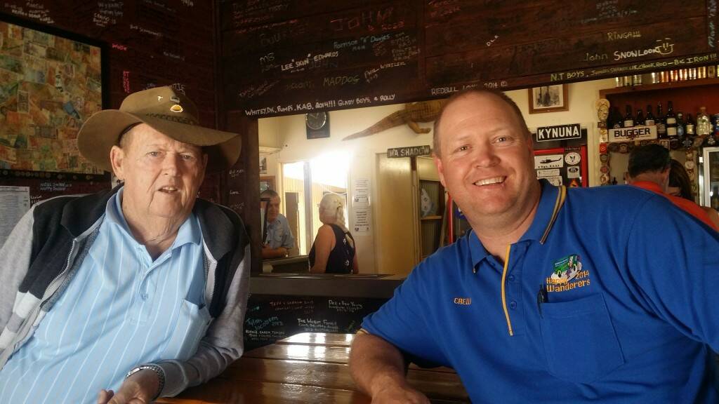ON THE ROAD – Bob and Jason Green at the Kyuna pub between Winton and Cloncurry.