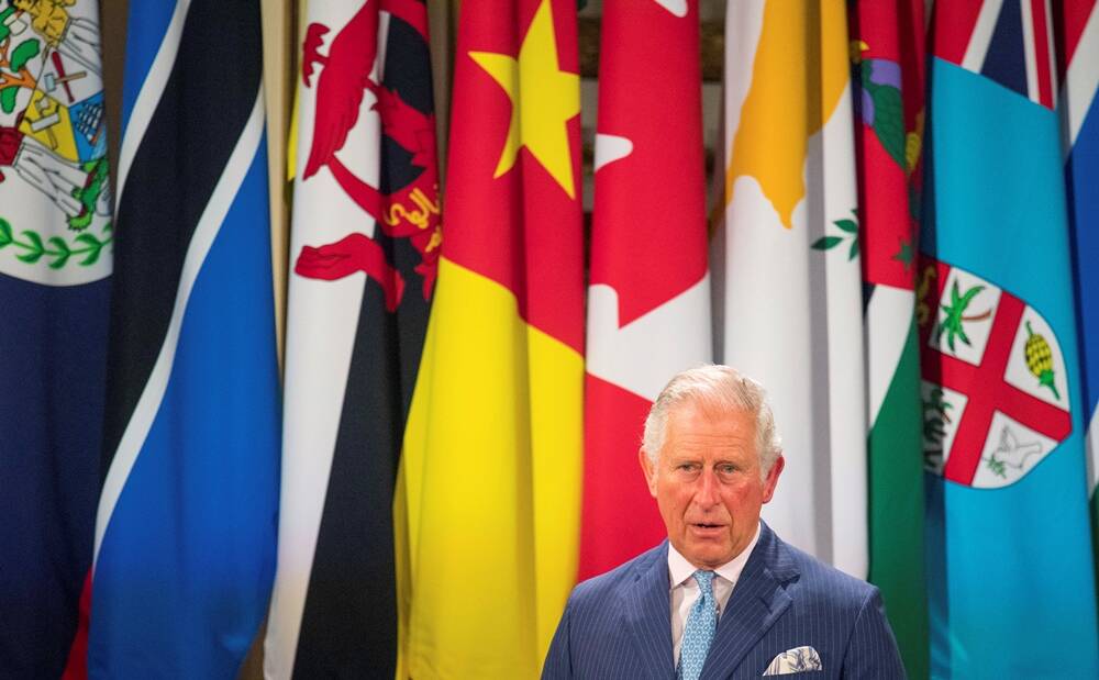 Prince Charles speaks at the Commonwealth Heads of Government Meeting in the ballroom at Buckingham Palace in London. Photo: Dominic Lipinski/Pool via AP