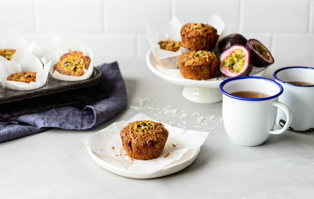 These passionfruit, coconut and quinoa muffins are perfect with a cuppa.