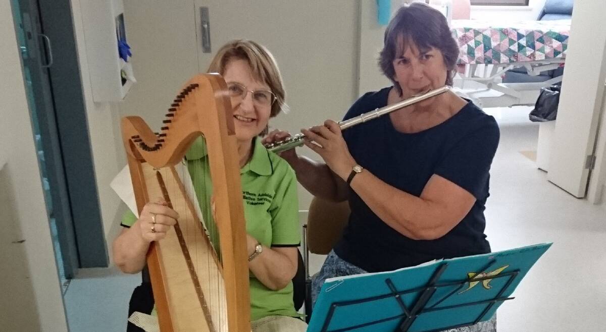 MUSIC THERAPY – Modbury Hospital volunteer Glenyss Barker plays the harp in the palliative ward with visitor and flautist Bronwen.