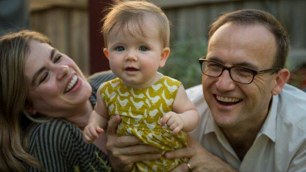 Federal Greens MP Adam Bandt, pictured here with wife Claudia Perkins and their daughter Wren, could be a key player in determining superannuation policies in the new parliament. Photo: Penny Stephens