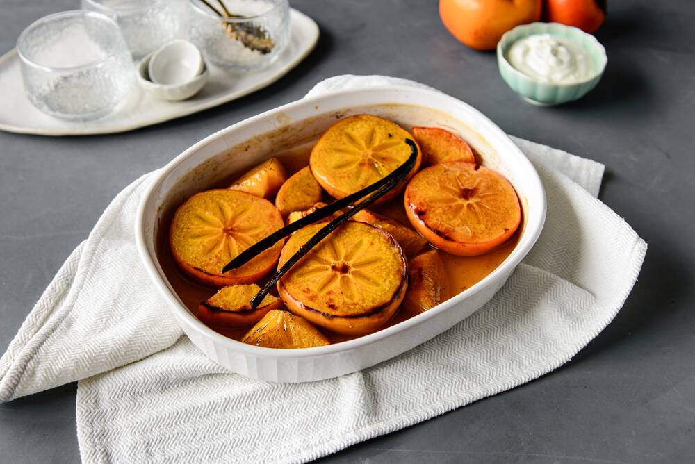 This honey baked persimmon is a perfect way to warm up a cool Autumn night. Photo: Jennifer Jenner