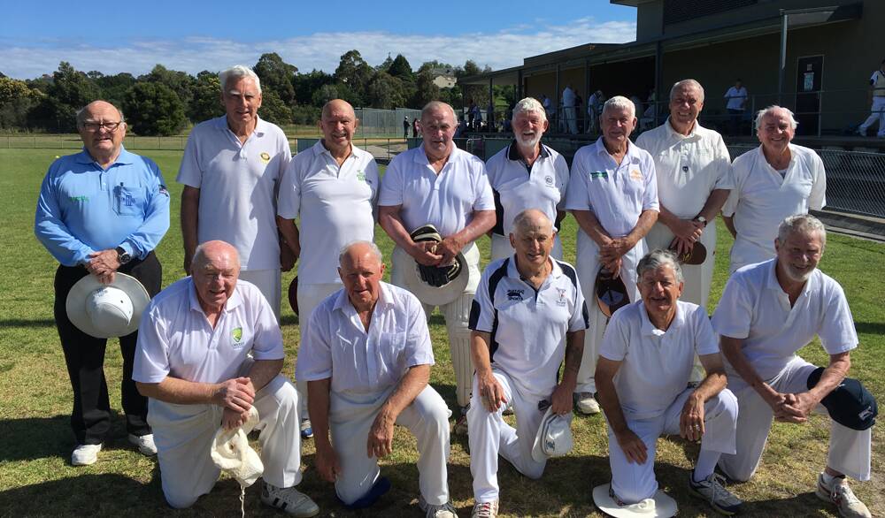 MARATHON INNINGS –  The world's oldest team pictured with umpire Mike Rolfe.