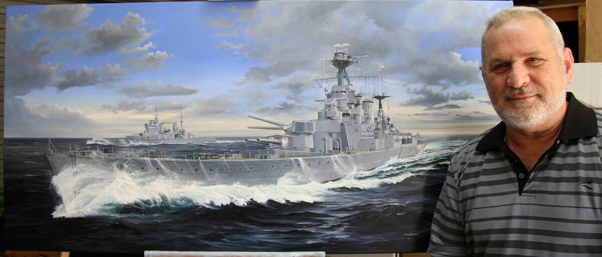 VESSELS OF WRATH – George Zio with a painting of HMS Hood by his mate Randall Wilson, which is the box art for a Trumpeter 1/200 scale kit.