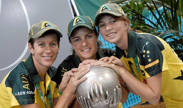 GREEN TEAM - Australian bowling champ Julie Keegan (pictured with teammates Karen Murphy and Kelsey Cottrell with the World Team Cup trophy) will be at Palm Lakes Toowoomba Pinnacle. Photo: AAP Image/Bowls Australia/David Holman
