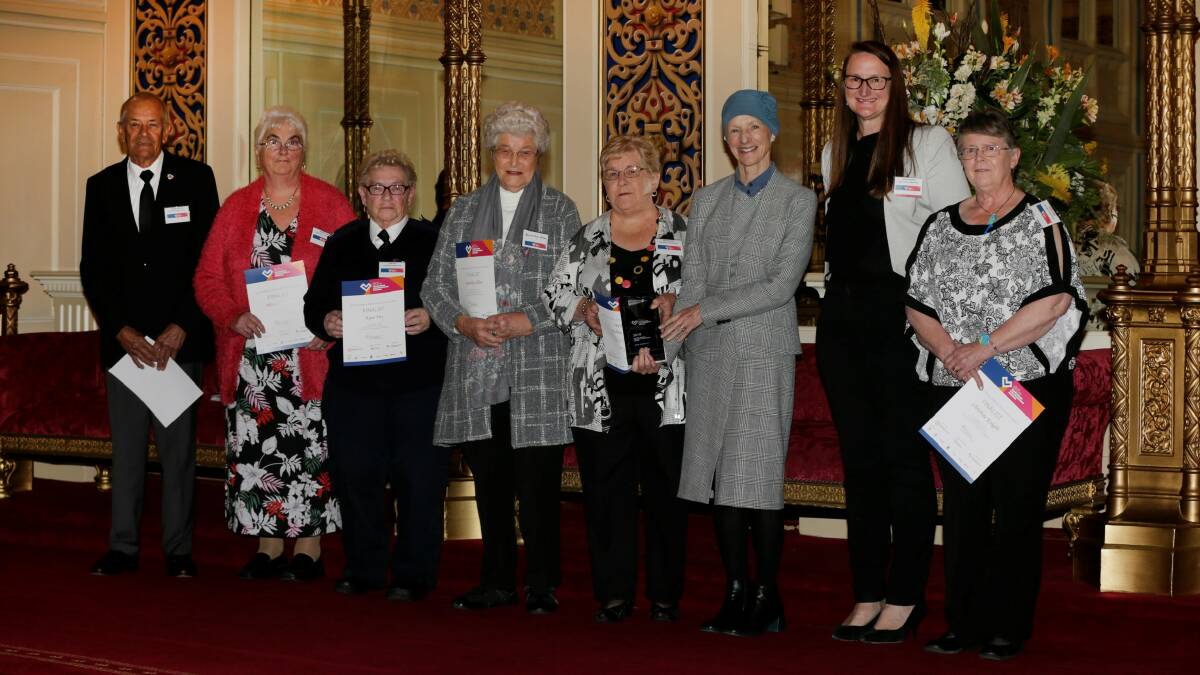 INSPIRATION: Nominees for the Aurora Energy Lifetime Achievement Award (L-R) Douglas Renshaw, Rhonda Foster, Kaye Fox, Beverley Allan, Edna Pennicott and Christine Knight with Tasmanian Governor Kate Warner and Aurora Energy chief executive Rebecca Kardos (third and second from right). 