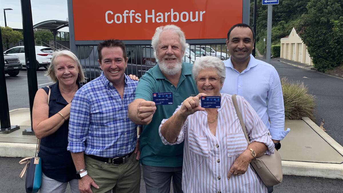 HELPING OUT: NSW Minister for Regional Transport and Roads, Paul Toole and Member for Coffs Harbour Gurmesh Singh at Coffs Harbour Railway station with participants in the Regional Senior Travel Card pilot program Bronwyn Mackenzie (left), Rod Mackenzie and Denise Gillard.