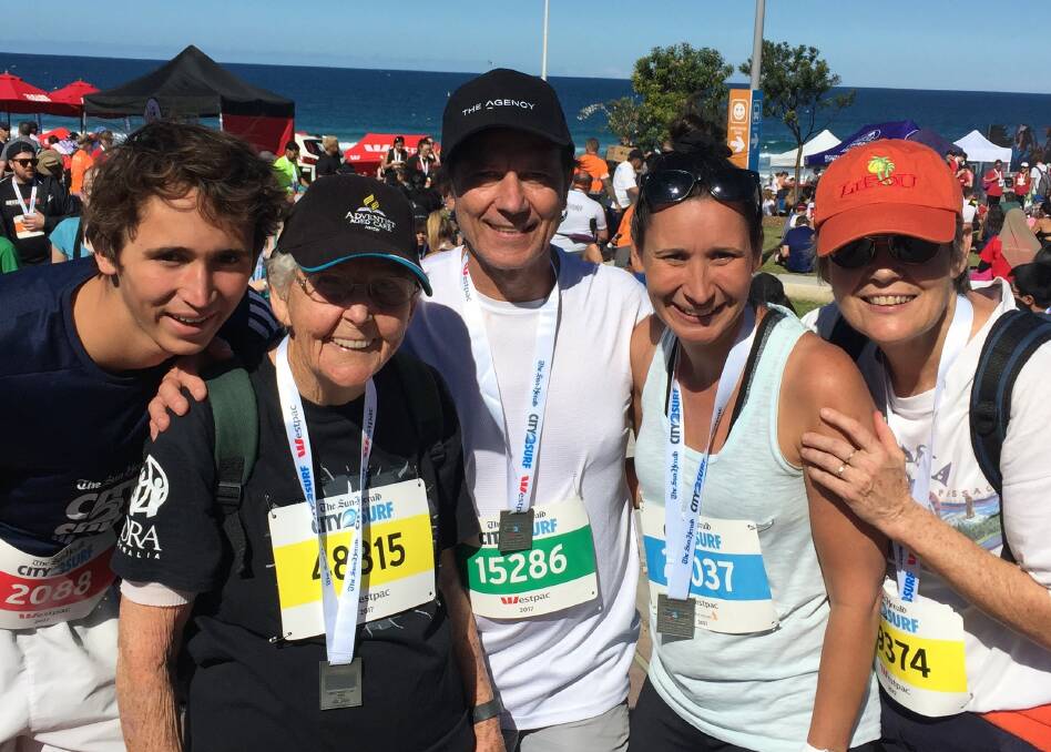 Enid Webster and family after finishing the 2017 Sydney City to Surf (L-R) Dylan (great grandson), Enid, Graham (son), Cara ( granddaughter), Rosemary (daughter). 