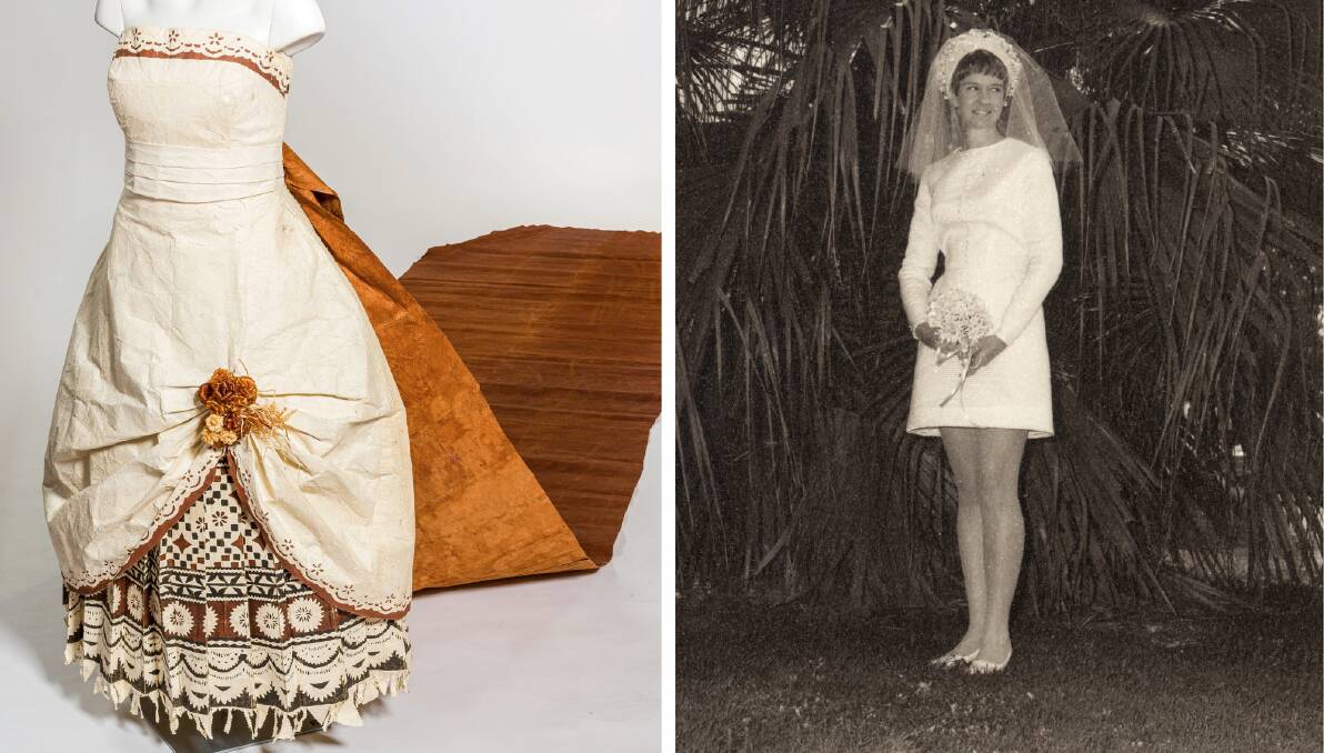 TYING THE KNOT: A Fijian Masi wedding dress and Janet Hogan in the mini dress she wore to her wedding to Major Austin John Hogan in 1969.